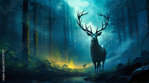 Majestic stag at a stream's edge, Dense forest fog, Ethereal glow highlighting its antlers.