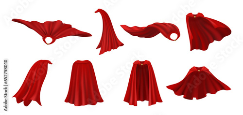 Cloak shoulders covering, isolated set of clothing in realistic design. Costume or suit outfit. Red manteau, cape or mantle part of apparel. Vector superhero costume, rescue coat of satin