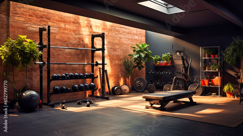 Home gym with wall-mounted equipment and rubber flooring