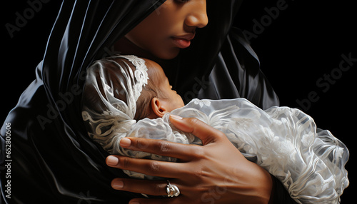 African mother embracing newborn, radiating love and happiness in nature generated by AI
