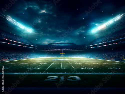 American football field at night underneath stadium lights
