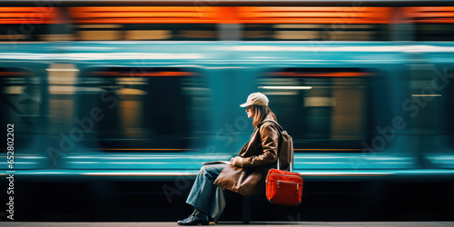 femme avec ses bagages attendant le train sur le quai de la gare, arrière plan flou avec le passage à grande vitesse d'un train