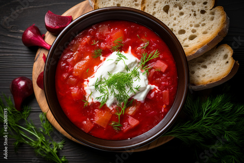 bowl of delicious Russian or Ukrainian traditional borscht soup top view with bread on a dark background