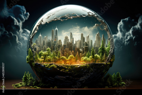 Metropolis with a park in a glass ball. The ecological problem of environmental cleanliness and the ozone layer