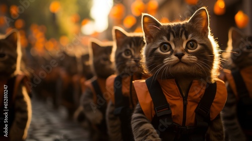 A playful group of felidae kittens in vibrant orange vests prance around outside, their curious whiskers twitching with excitement as they explore the wonders of the great outdoors