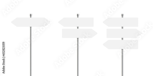 Signboard with metal pole. Direction sign post with arrow. Street road boards. Realistic signpost to choose road or street. . Vector illustration