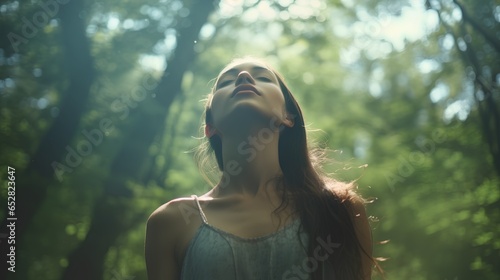 A serene image depicting the concept of outdoor breathing, featuring a person deeply inhaling fresh air amidst a lush, green forest, symbolizing tranquility, mindfulness, and connection with nature.