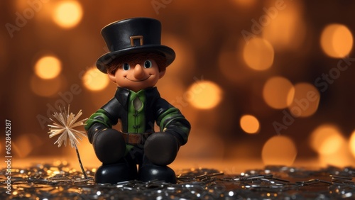 New year greeting card, New Year's Eve celebration holiday - Happy chimney sweep with top hat and sparkling sparkler, glitter palettes on table and bokeh lights in background