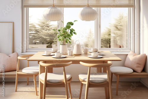 A bright Scandinavian breakfast nook, featuring a wooden dining table, neutral-toned dining chairs, and soft cotton placemats