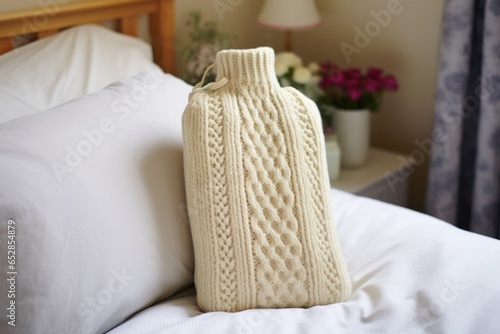 hot water bottle in a knitted cover on a bed