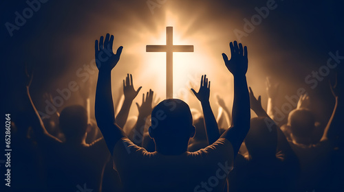 Christian worship God together hold hands and hugs warmth in Church, sun light background with sunset. Concept banner easter resurrection. Generation AI
