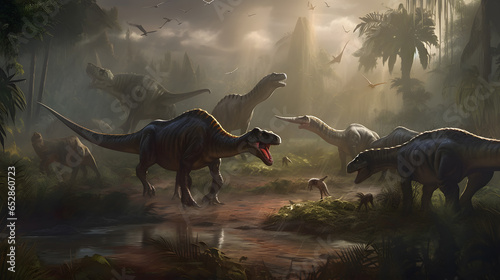 Set run jurassic dinosaurs in park forest. Generation AI