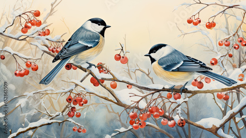 Two birds sit on a branch in winter