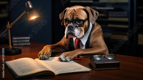 Serious dog in the form of an accountant or librarian sitting at a desk with an open book