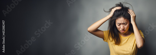 asian girl experiencing depression or anxiety on white gray background