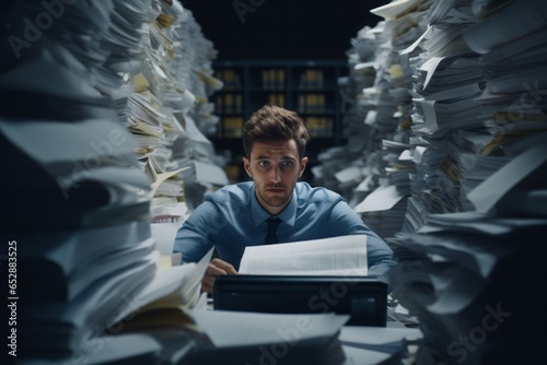 Overwhelmed employee, drowning amidst towering stacks of paperwork, emblematic of the pressures of corporate demands.