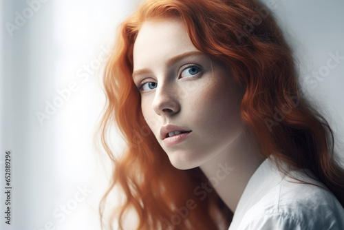 Beauty Young Woman with long curly red hair. Portrait of a Beautiful sexy red-haired Girl with freckles