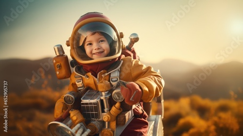 Little child pilot with toy jetpack against on autumn background. Happy child playing outdoors. Dreaming of future to pilot.