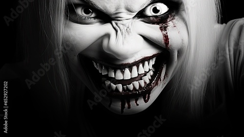 The creepy grin of an evil creature. A sinister smile. Grim image of a scary undead creature.