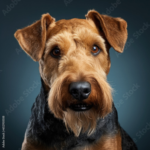 portrait studio d'une tête de chien de race welsh terrier en gros plan, arrière plan uni bleu