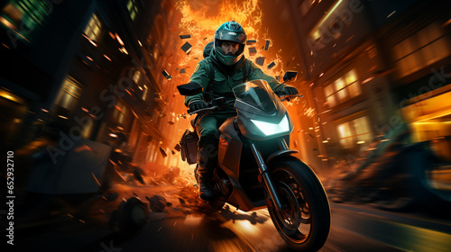 An urban scene showing a motorcycle rider navigating through city streets, embodying the excitement and energy of urban exploration. A package distributor