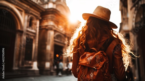 Tourist woman walking around the historical streets of an old district.