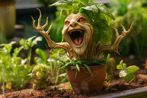A screaming mandrake root character. Magical and mythical public domain folklore and legends creature from European fairytales