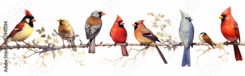 Bird set watercolor illustration. Red cardinal, eastern bluebird, goldfinch, robin, wren generative ai