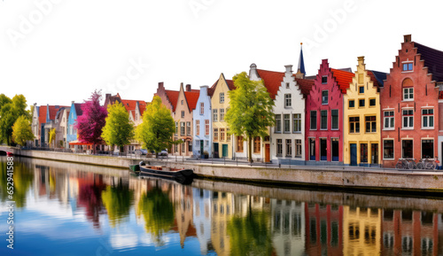isolated transparent background PNG. row of colorful houses in the bruges canals. renaissance buildings, step-gabled facade