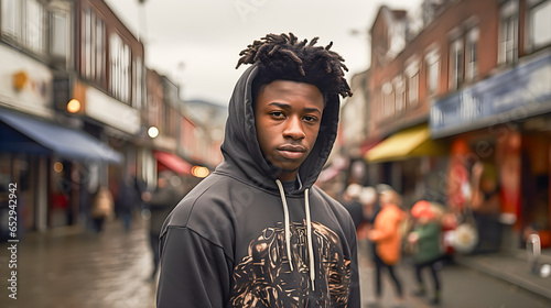 Young African American black teenager in sweatshirt on the street. Attractive black teenage gang member. Generative ai