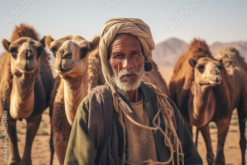 Arab shepherd of the camels standing in the desert, arabian farmer concept. Generative Ai