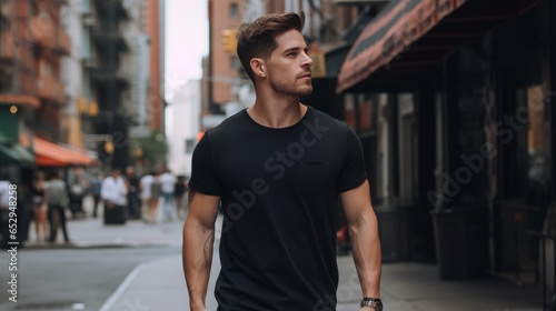 Male model in a black cotton t-shirt walking in the street