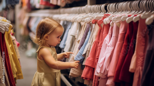 Two Years Old Child Choosing her own Dresses from Kids Cloth Rackgenerative ai