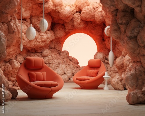 In a mysterious underground cave, a sculpture of intricate design is illuminated by a striking round window, inviting visitors to take a seat in the inviting chairs and contemplate its beauty