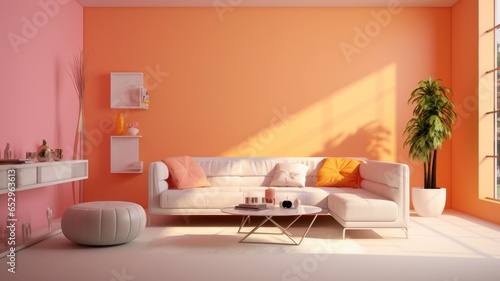Stylish monochrome interior of modern living room in pastel orange, pink and beige tones. Trendy corner couch, ottoman, coffee table, plant in floor pot. Creative home design. Mockup, 3D rendering.