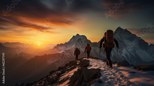 Silhouettes against the sunset, a group of hikers conquers the mountain's majesty. Snow-kissed peaks bear witness to their adventurous ascent. A testament to the thrill of extreme