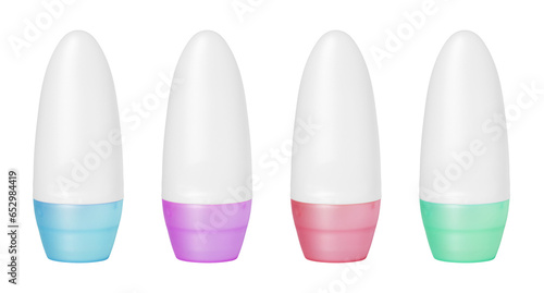 Set of antiperspirant deodorant roll-on mockups with colorful caps isolated on transparent background