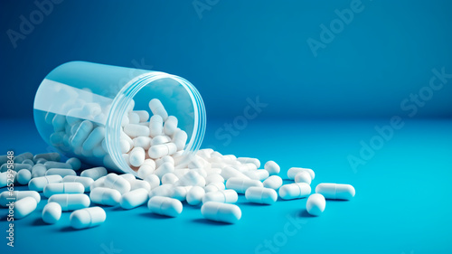 Prescription medicine, opioids. Bottle of many pills on blue background. Concepts of addiction, opioid crisis, overdose with copy space