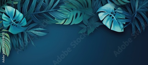 Design featuring tropical leaves on a blue background for various purposes like wallpaper photo wallpaper mural and cards