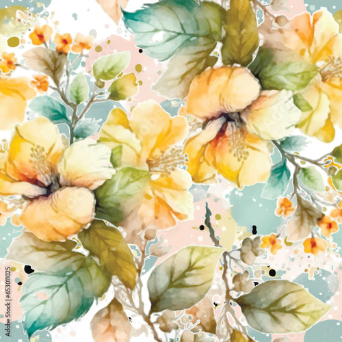 Watercolor beautiful yellow chinese roses seamless pattern. Dirty watercolor romantic background. Hand drawn paint blossom flowers, leaves. Modern textured artistic ornaments. Endless grunge texture