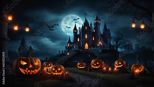 Halloween background with scary pumpkins candles in the graveyard at night with a castle background