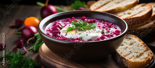 Top view of healthy chlodnik soup a beetroot and kefir dish from Polish Belarusian and Russian cuisine adorned with a sliced egg on a wooden board