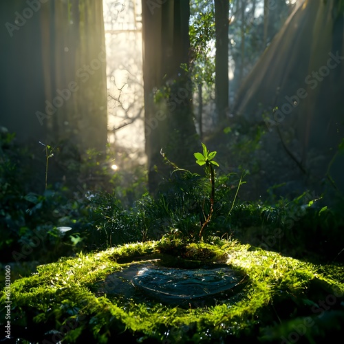 environment sundial with ivy in the centre of a beautiful forest god rays volumetric lighting unreal engine octane render hyperrealistic 