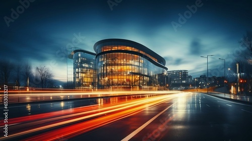 the light trails on the modern building background 