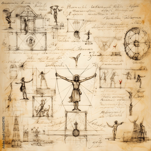 Page composition inspired by Leonardo da Vinci's Vitruvian Man, background sketches and scientific illustrations, pen and ink on parchment paper, hand drawn
