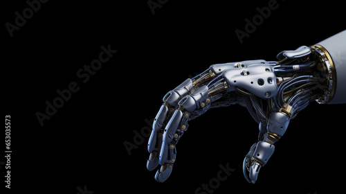 3D rendering artificial intelligence robotic hand isolated on a black background with copy space