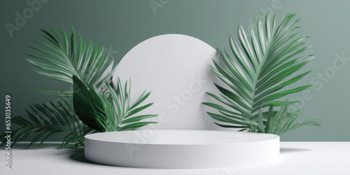 White marble podium for cosmetic products on a green background with leaves