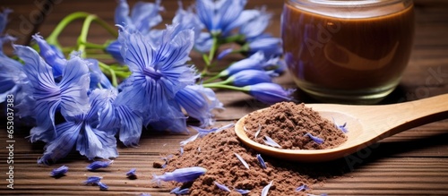 Using chicory root and flowers create a healthy beverage on a rustic wooden backdrop alternative medicine for wellness