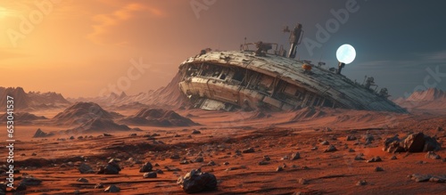 Alien planet with crashed spaceship illustrated in 