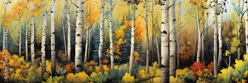 forest trees leaves autumn aspen grove background soft brown yellow blacks buff covert tall mountains birches